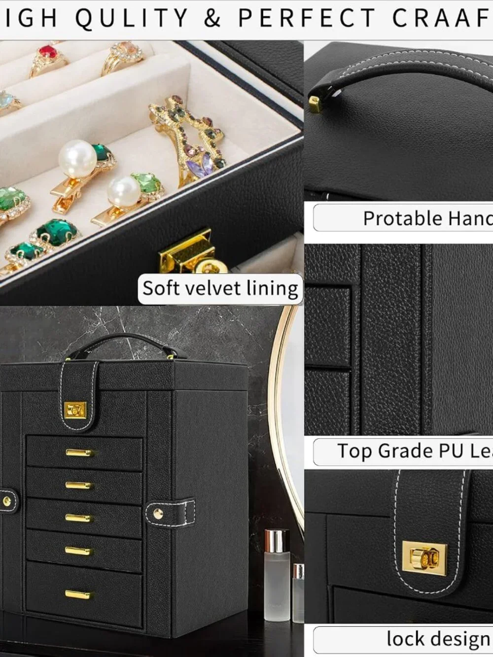 Elegant 6-Tier Leather Jewelry Organizer with Mirror